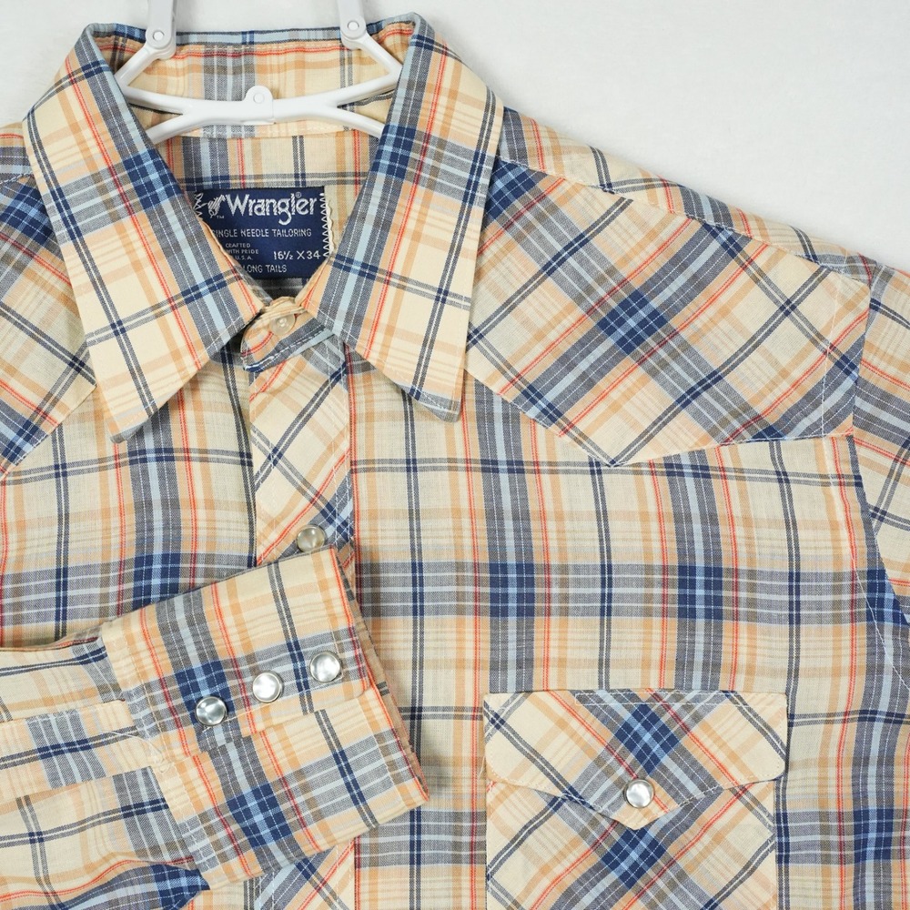 Vintage Wrangler Mens Plaid Western Snap Shirt Tan‎ Blue Orange 16.5 x 34 USA